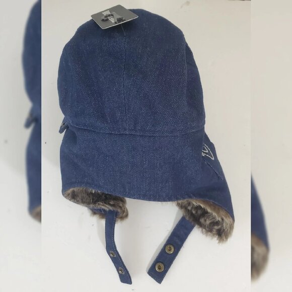 TRUE RELIGION DENIM FAUX FUR TRAPPER AVIATOR HAT STITCHED HORSESHOE LOGO POCKET - Picture 4 of 6